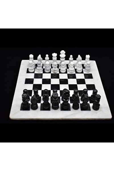 AydınHediyelik طقم شطرنج رخام حقيقي، طقم شطرنج رخام أبيض وأسود 30x30 سم