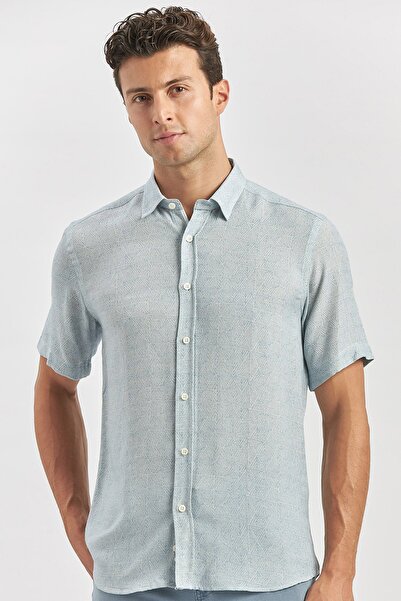 İmza Льняна сорочка Casual Slim Fit - темно-синя, короткий рукав, комір на ґудзиках, з підкладкою - 1004240242