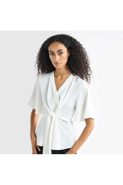FAV V-neck Top with Flutter Sleeves and Knot Detail