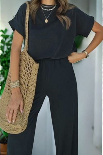 Flow Misseale Modl - Textured Trousers and T-Shirt Anthracite Women's Set