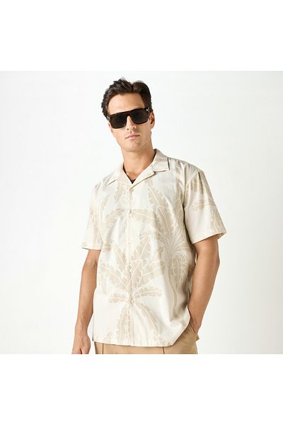 Iconic Relaxed Fit All-Over Tropical Print Shirt with Short Sleeves and Camp Collar