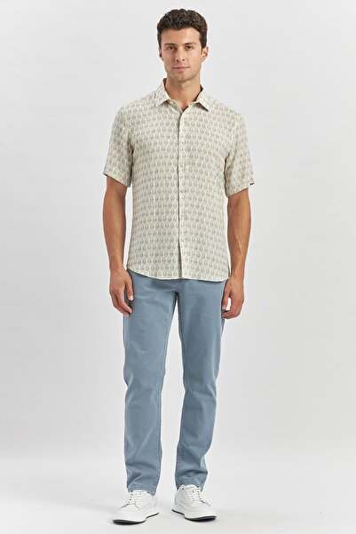 İmza Темно-синя лляна сорочка - короткий рукав, комір з друкованими ґудзиками, повсякденний slim fit 1004240241