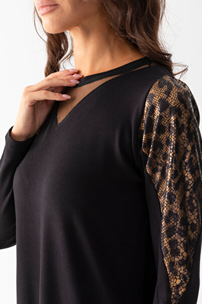 EtkiModa Γυναικείο μαύρο γιακά με τούλι μανίκια Λεοπάρ Λεοπάρ μακρυμάνικη βισκόζη μπλούζα