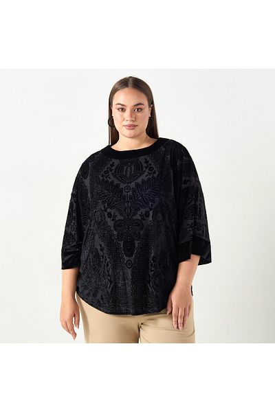 Ulla Popken Plus Size Ulla Popken All-Over Floral Print Textured Top with 3/4 Sleeves
