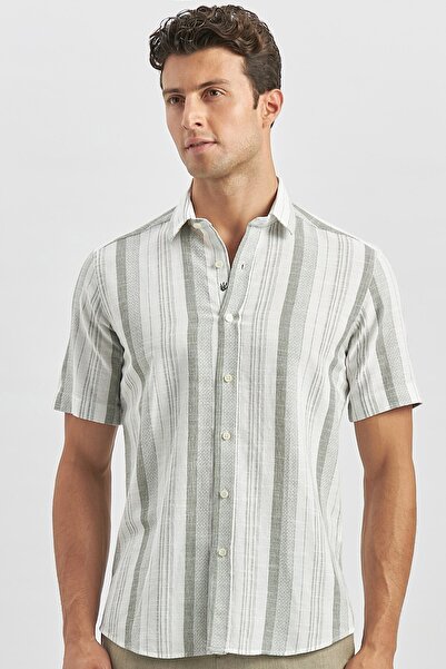 İmza Βαμβακερό πουκάμισο σκούρο χακί ριγέ Dobby - Κοντό μανίκι, Casual Slim Fit, Slim Fit 1004240243