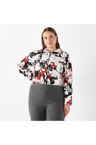 Ulla Popken Plus Size Ulla Popken All-Over Print Shirt with Collar and Long Sleeves