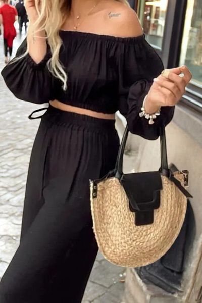 Flow Mi̇sseale Linen Madonna Collar Black Crop Trousers Set