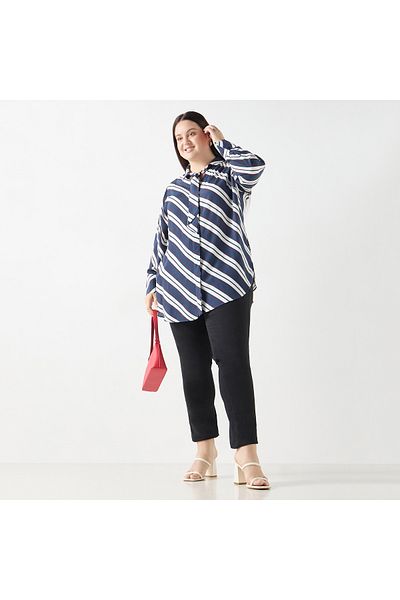 Ulla Popken Plus Size Ulla Popken Striped Shirt with Tie-Up Detail