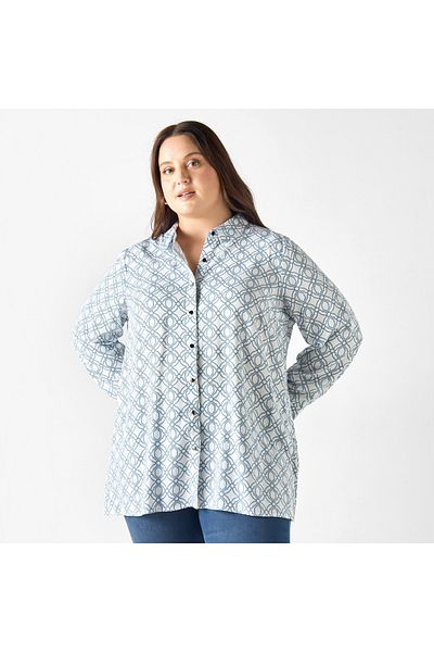 Ulla Popken Plus Size Ulla Popken All-Over Print Shirt with Long Sleeves