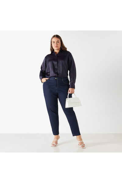 Ulla Popken Plus Size Ulla Popken Solid Shirt with Collar and Long Sleeves