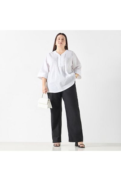 Ulla Popken Plus Size Ulla Popken Textured V-neck Top with 3/4 Sleeves