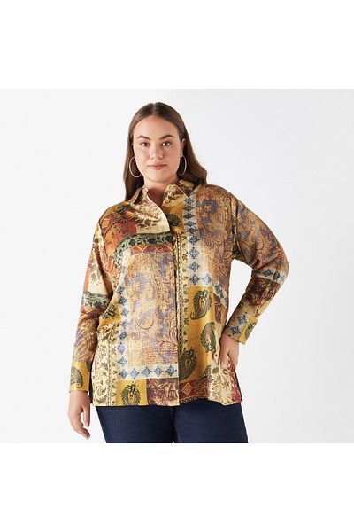 Ulla Popken Plus Size Ulla Popken Printed Shirt with Collar and Long Sleeves