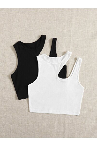 Liona Pack of 2 Asymmetrical Collar Black White Color Patternless Ribbed Sleeveless Strap Lycra Fit Sports Bustier