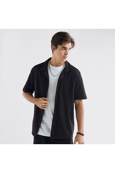 FAV Textured Camp Collar Shirt with Short Sleeves