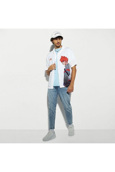 SP Characters Anime Print Shirt with Camp Collar and Short Sleeves