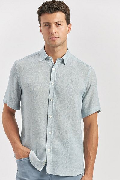 İmza Ленена ежедневна риза Slim Fit - Тъмносиня, Къс ръкав, Яка с копчета, Кант - 1004240242