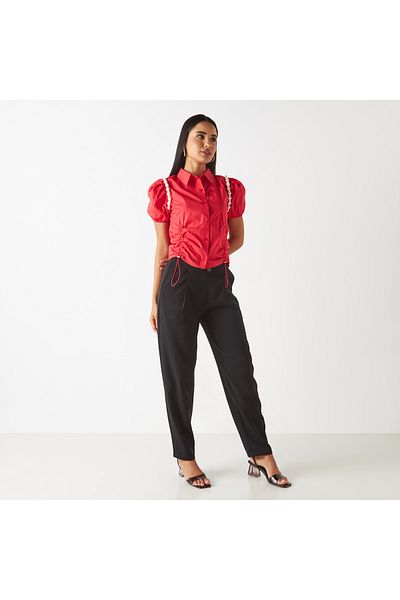 2Xtremz Pearl Embellished Top with Puff Sleeves and Gathered Detail