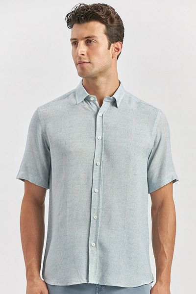 İmza Ленена ежедневна риза Slim Fit - Тъмносиня, Къс ръкав, Яка с копчета, Кант - 1004240242