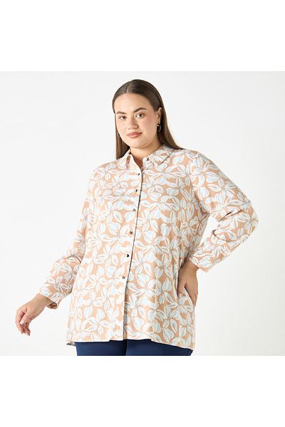 Ulla Popken Plus Size Ulla Popken All-Over Floral Print Shirt with Long Sleeves