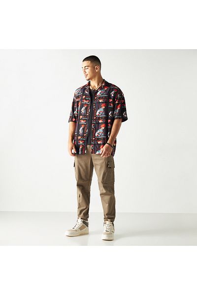 SP Characters Anime Print Shirt with Camp Collar and Short Sleeves