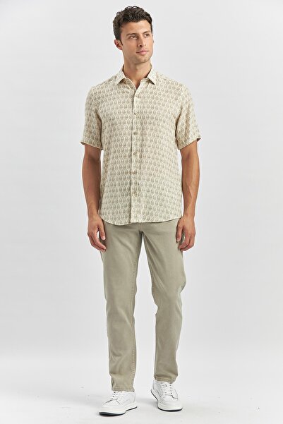 İmza Зелена лляна сорочка Slim Fit - з короткими рукавами, друкованими ґудзиками, повсякденна 1004240241