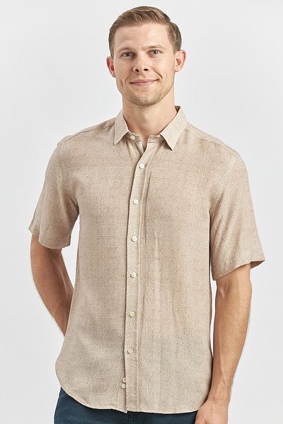 İmza Μπεζ λινό Slim Fit πουκάμισο - κοντό μανίκι, γιακά με κουμπιά, σωλήνωση 1004240242
