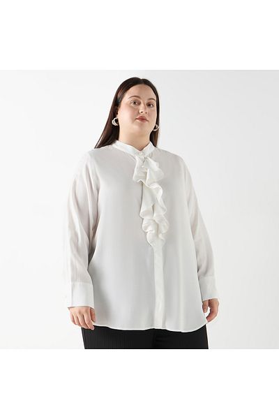 Ulla Popken Plus Size Ulla Popken Regular Fit Shirt with Mandarin Collar and Ruffle Detail