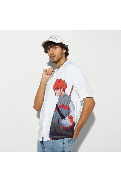 SP Characters Anime Print Shirt with Camp Collar and Short Sleeves