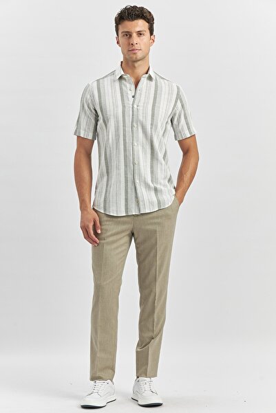 İmza Βαμβακερό πουκάμισο σκούρο χακί ριγέ Dobby - Κοντό μανίκι, Casual Slim Fit, Slim Fit 1004240243