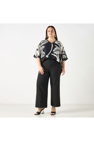 Ulla Popken Plus Size Ulla Popken All-Over Print V-neck Top with Short Sleeves