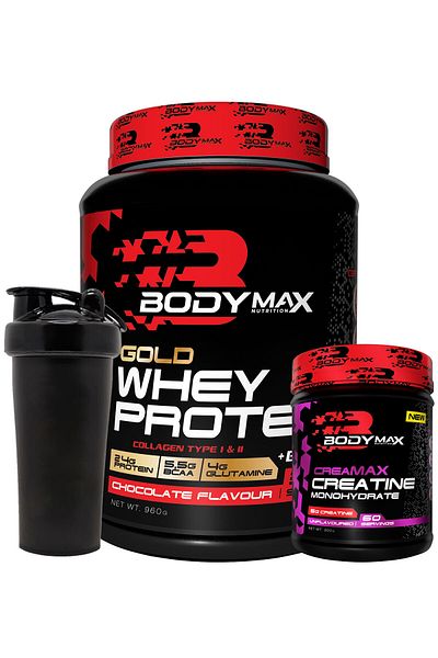 BODYMAX Gold Whey Protein - 960g Chocolate Flavored, Creamax Creatine - 300g + Shaker Gift