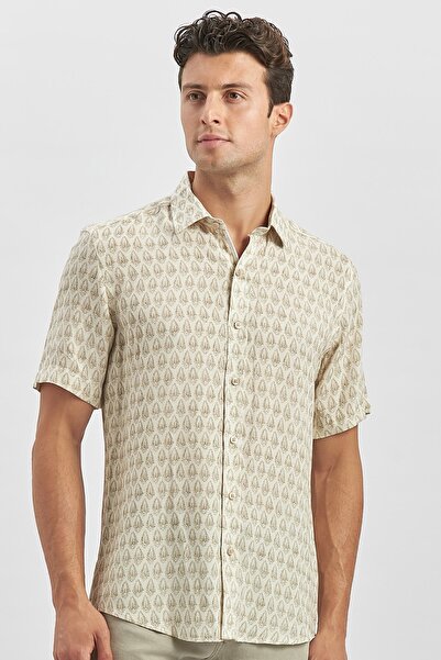 İmza Зелена лляна сорочка Slim Fit - з короткими рукавами, друкованими ґудзиками, повсякденна 1004240241