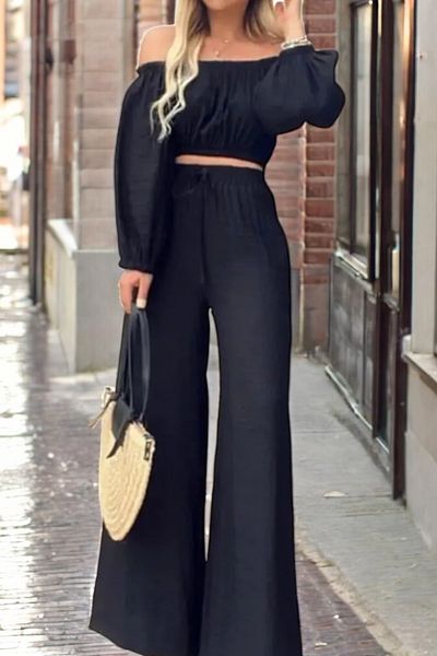 Flow Mi̇sseale Linen Madonna Collar Black Crop Trousers Set
