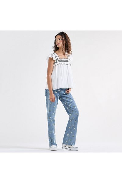 FAV Textured Square Neck Top with Cap Sleeves and Ruffle Detail