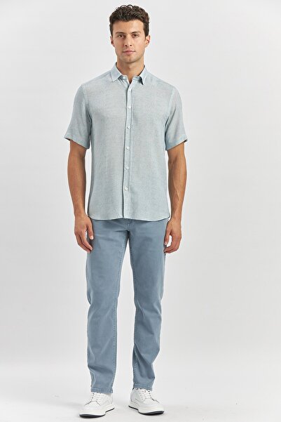 İmza Льняна сорочка Casual Slim Fit - темно-синя, короткий рукав, комір на ґудзиках, з підкладкою - 1004240242