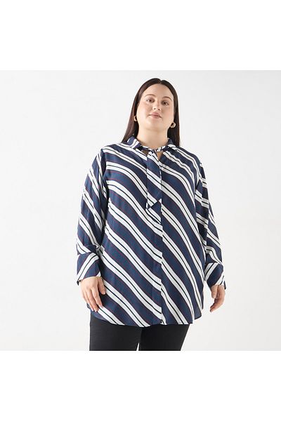 Ulla Popken Plus Size Ulla Popken Striped Shirt with Tie-Up Detail