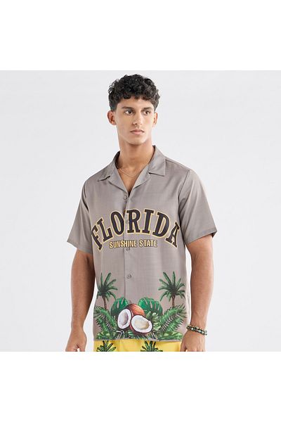 FAV All-Over Graphic Print Shirt with Camp Collar and Short Sleeves