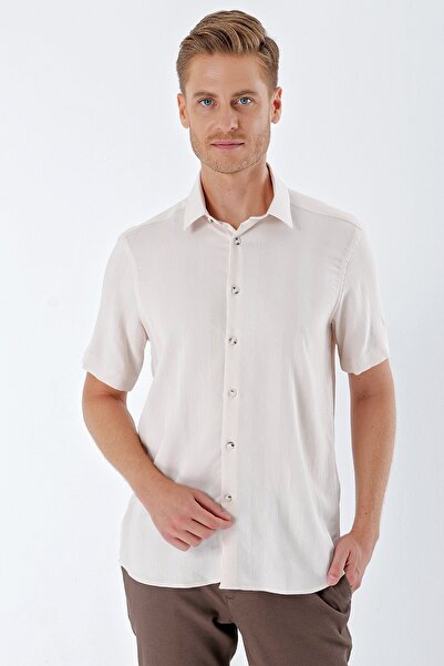 İmza Μπεζ κοντομάνικο μοτίβο Dobby σκληρό γιακά χωρίς τσέπη Classic Comfort Fit πουκάμισο 1004230204