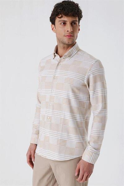 İmza Camel μακρυμάνικο ριγέ πουκάμισο χωρίς τσέπες 100% βαμβακερό κλασικό πουκάμισο με λεπτή εφαρμογή 1004230164