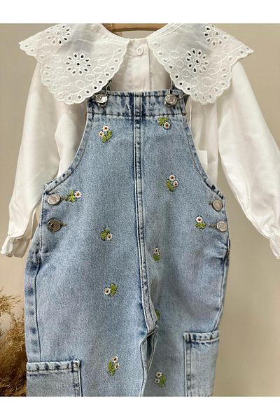 Zuzu Girl's Flower Embroidered Premium Quality Denim Salopet Gilet