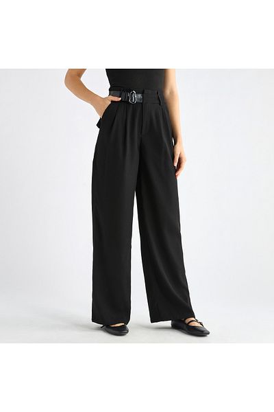 FAV Solid Belted Wide Leg Trousers with Pockets