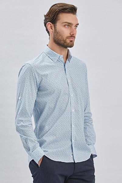 İmza Синя коротка рукава з принтом, без кишень, 97% бавовна, 3% еластан, класична облягаюча сорочка 1004240116