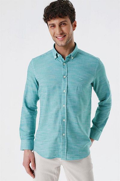 İmza Cămașă slim fit, 100% bumbac, în gabardină verde, cu mâneci scurte, fără buzunar1004230180