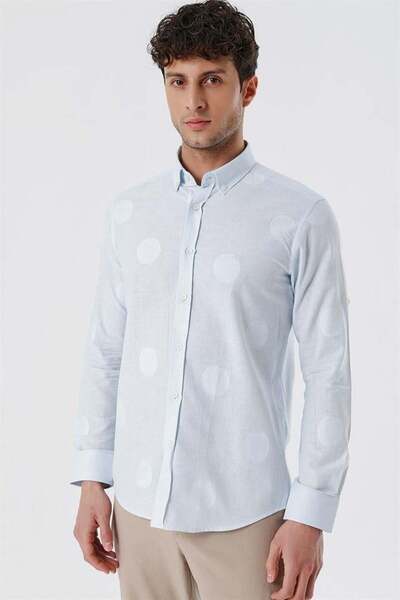 İmza Koyu Mavi Kısalabilir Kollu Desenli JakarlıCepsiz %100 Pamuk Casual Slim Fit Gömlek 1004230183