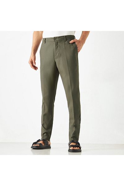 Iconic Solid Linen Blend Trousers with Pockets and Button Closure