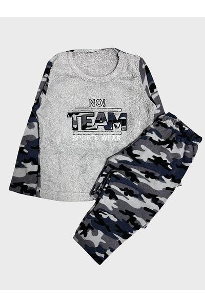 Fil Kids Boy's Gray Snow Camouflage Patterned Long Sleeve Winter Fleece Pajamas Set