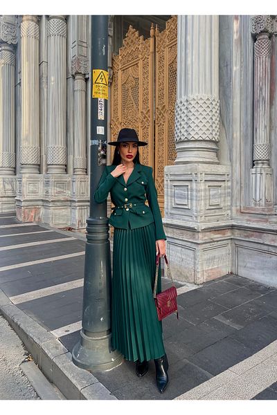 Rabury Butik Elizabeth Gold Belted-Buttoned Blazer Jacket and Pleated Long Skirt Set