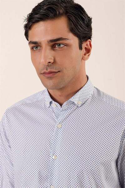 İmza Темно-синя довга сорочка з принтом, без кишень, з бавовняної тканини з еластаном, класичний крій, вузький крій 1004230115