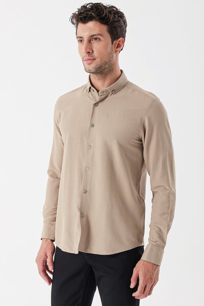 İmza Bej Uzun Kollu Çizgili Gofreli Cepsiz Klasik Slim Fit Dar Kesim Gömlek 1004230233