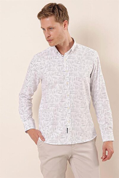 İmza Λευκό μακρυμάνικο εμπριμέ Oxford χωρίς τσέπες βαμβακερό κλασικό πουκάμισο με λεπτή εφαρμογή 1004230170